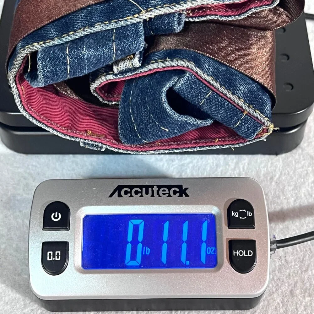 Upcycled Denim Handbag Purse Chic Beaded Pockets & Brown Ribbon FM Jeans Button - Picture 14 of 14